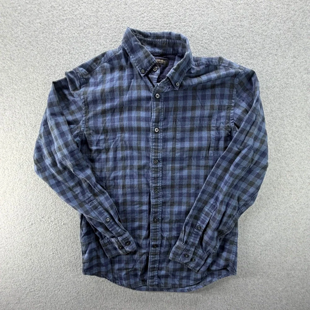 Banana Republic Luxe Flannel Slim Fit Shirt Mens Small Blue Black Buffalo Plaid